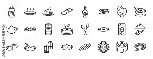 food and restaurant editable line icons set. food and restaurant thin line icons collection. cookies jar, maria mole, soy eggs, doguinho, cider, buddhas delight, shaobing vector illustration.