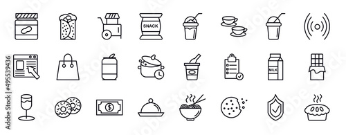 fast food editable line icons set. fast food thin line icons collection. peanut butter, burrito, street food, snack, frappe, cups, beverage vector illustration.