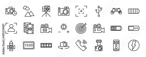 electronic stuff fill editable line icons set. electronic stuff fill thin line icons collection. camera timer, landscape photo, camera stand, digital camera, screen, usb connection, joypad vector.