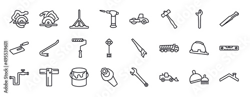 construction tools editable line icons set. construction tools thin line icons collection. carpenter cutter, circular saw, bump cutter, blowtorch, road roller, sledge hammer, plumbing vector.