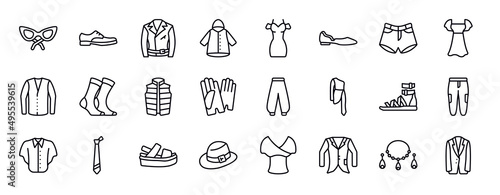 clothes editable line icons set. clothes thin line icons collection. cat eye glasses, leather derby shoe, leather biker jacket, nylon jacket, drees, ballets flats, denim shorts vector illustration.