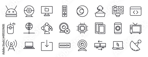 computer editable line icons set. computer thin line icons collection. robotic, round webcam, computer folder, tv remote, circular de, online support, action camera vector illustration.