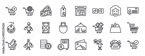 commerce editable line icons set. commerce thin line icons collection. add to cart, online store cart, american dollar, eco tag, shop store, men and women toilet, rich smile vector illustration.