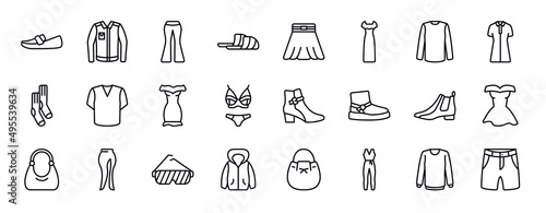 clothes editable line icons set. clothes thin line icons collection. loafer, denim jacket, flare pants, sleepers, circle skirt, long sleeveless dress, long sleeves t shirt vector illustration.