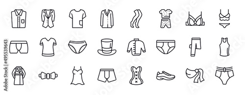 clothes editable line icons set. clothes thin line icons collection. chemise, dinner jacket, t-shirt, cardigan, stockings, pyjamas, brassiere vector illustration.