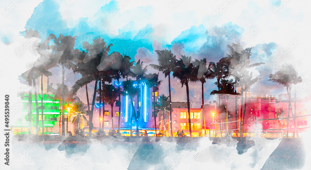 Naklejka premium Watercolor painting illustration of Ocean Drive hotels and restaurants at sunset. City skyline with palm trees at night. Art deco nightlife on South beach