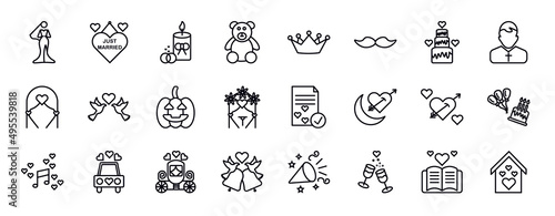 birthday and party editable line icons set. birthday and party thin line icons collection. bride, just married, wedding candle, teddy bear, wedding crown, mustache, wedding cake vector illustration.