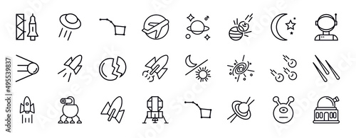 astronomy editable line icons set. astronomy thin line icons collection. launching shuttle, ufo and cow, ursa major, aerospace, astrology, space collision, crescent moon vector illustration.