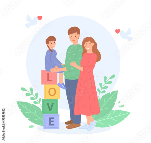 Young family kid together, flat style. Happy parents standing next to their little daughter, who is sitting on cubbies. Family values. Peace. Cute vector illustration, isolated on white background.