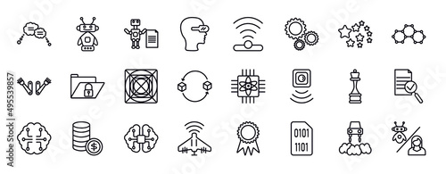 artificial intellegence editable line icons set. artificial intellegence thin line icons collection. speech bubble, robots, laws of robotics, oculus rift, infrared, hine, outer space vector.