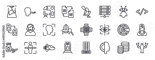artificial intellegence editable line icons set. artificial intellegence thin line icons collection. organ printing, speech, sensorama, file transfer, prosthesis, servers, robot assistant vector.