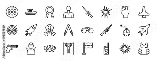 army and war editable line icons set. army and war thin line icons collection. chamber, tank, in, civilian, automatic gun, explosive, rebellion vector illustration.