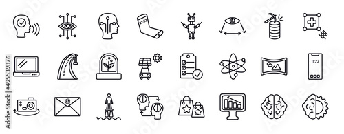 artificial intellegence editable line icons set. artificial intellegence thin line icons collection. voice recognition, smart lens, humanoid, mobile flexible display, exoskeleton, field of view, data photo
