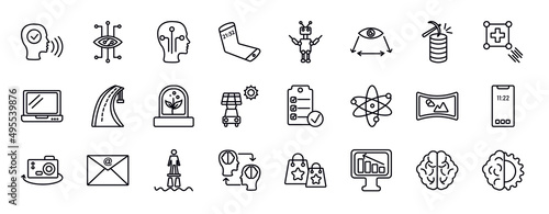 artificial intellegence editable line icons set. artificial intellegence thin line icons collection. voice recognition, smart lens, humanoid, mobile flexible display, exoskeleton, field of view, data