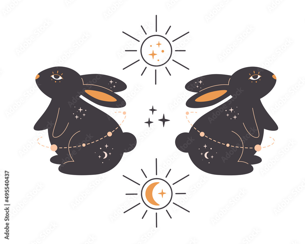 Rabbits with astrology, esoteric, mystic and magician elements. Year of the Rabbit. Hand drawn vector illustration