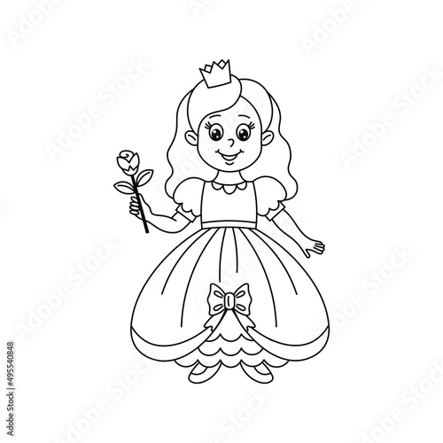 A beautiful cute princess girl drawn for a coloring book, isolated on a white background