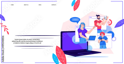 Video conference landing page design with people on laptop computer screen taking with colleagues. Video chat and online meeting web banner, flat cartoon vector illustration.