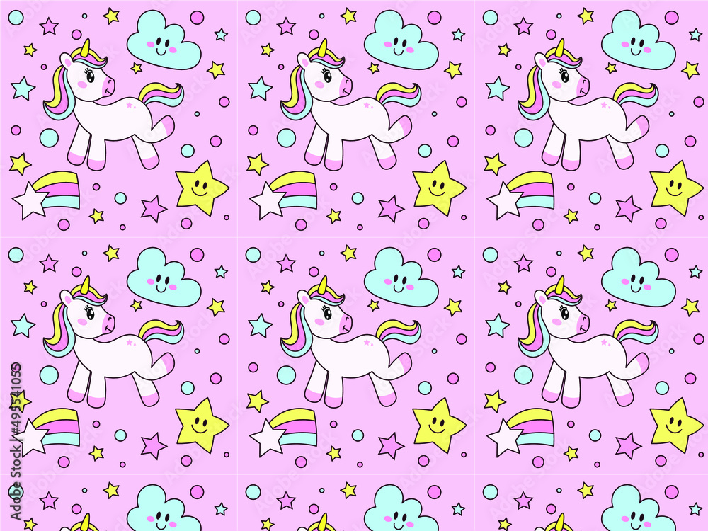 Seamless pattern with unicorns, rainbow donuts, confetti and other elements Seamless pattern with unicorns, rainbow donuts, confetti and other elements