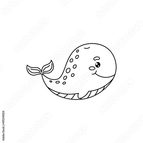 cute sea whale on a white background. black and white illustration. children's drawing