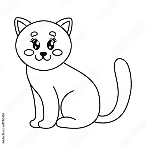 cute pet cat with beautiful eyes. black and white illustration. children's drawing