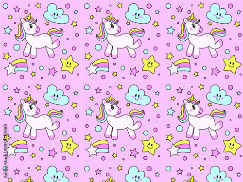 Seamless pattern with unicorns, rainbow donuts, confetti and other elements