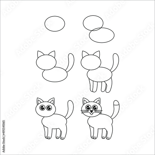 step-by-step drawing cat coloring on a white background. children's book illustration