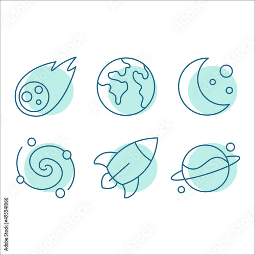 A set of infinite space, lost space, planet logo, flying rocket. moon and comet