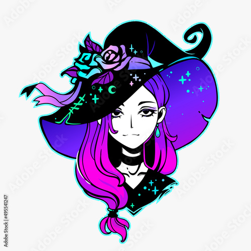 cute witch with bright hair in a hat