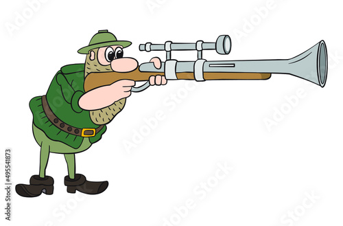 funny man with a gun in his hands takes aim, hunter, cartoon, on a white background