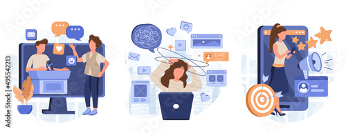 Personal branding, public speakers profiles, digital overload and burnout, social media blog, expert reputation abstract metaphor. Gadget-dependent life abstract concept vector illustration set.