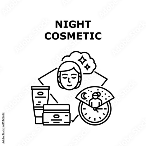 Night Cosmetic Vector Icon Concept. Night Cosmetic Tube And Jar Packages, Female Applying Healthy Cosmetology For Skin Care. Serum And Collagen Beauty Skincare Product Black Illustration