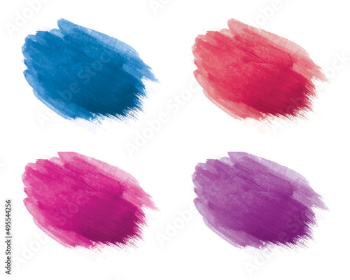 Watercolor brush strokes colorful. Abstract vector painting in blue, pink, red and purple. Paint stain acrylic technique. Ink stains in colors. Element design splash liquid.
