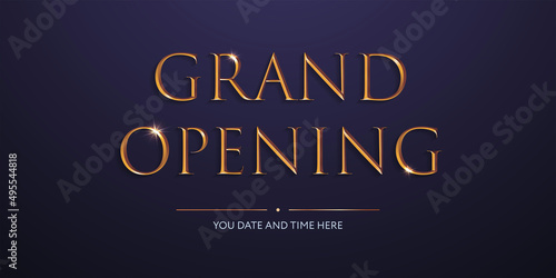 Grand opening. Vector design template. Gold glowing elegant inscription on dark blue backdrop