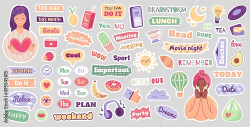 Cute stickers for diary, planner, scrapbook or scheduler with girl characters. Trendy doodle icons and motivation lettering for daily notebook, calendar or journal. Cartoon organizer vector set