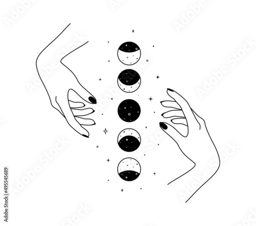 Magic hands with moon phases in thin linear style. Logo and icons design template for cosmetics and packaging branding name. Black doodle vector illustration