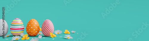 Canvas Print Variety of colored eggs with white flowers decoration on turquoise blue backgrou