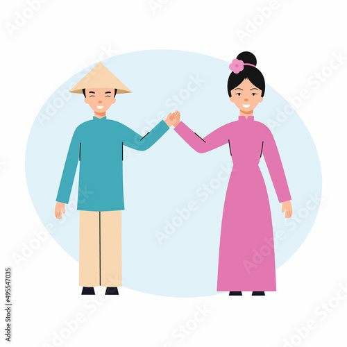 Girl and boy from Vietnam. Vietnamese children. Vector illustration in flat style. People from Asia.