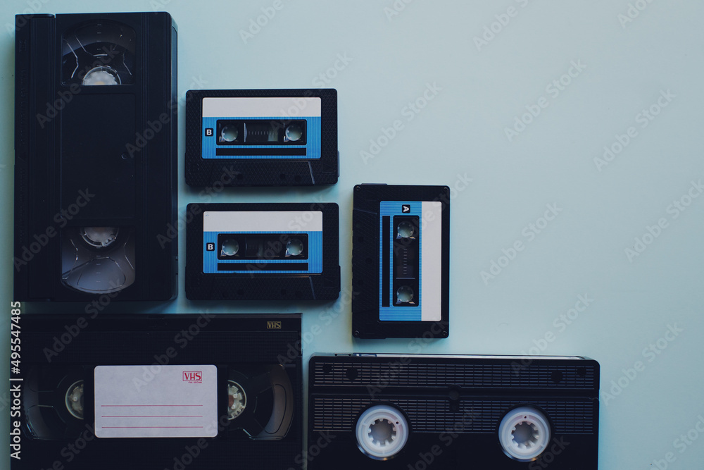 Obraz premium Old VHS video tapes and audio cassettes