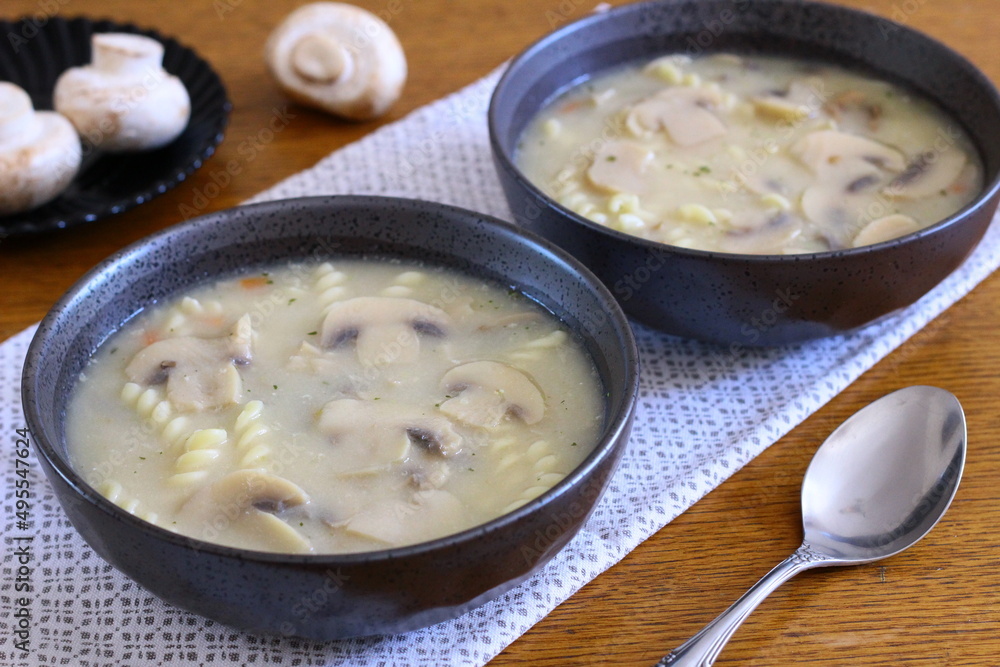 Homemade mushroom soup with noodles
