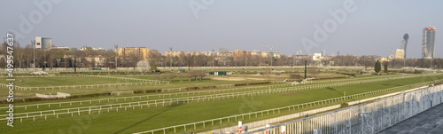 Milan, Italy - 27 03 2022 Ippodromo San Siro di Milano, Gare di Galoppo. Panoramica verso Lampugnano, QT8, CityLife. photo