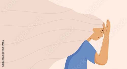 Frustrated exhausted woman touching her forehead