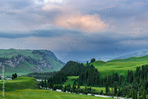 The river in summer alpine steppe in Duku road in Xinjiang Uygur Autonomous Region, China.