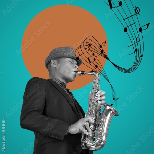 Hipster man playing with saxophone on background. Conceptual contemporary artcollage. Retro styled photo