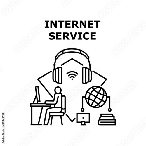 Internet Service Vector Icon Concept. Internet Service For Studying Online, Reading And Listening Audio Book. Student Study At Electronic Computer. Virtual Digital Library Black Illustration