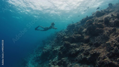 Wallpaper Mural Man swims and dives in the sea. Freediver swims underwater in Maldives Torontodigital.ca
