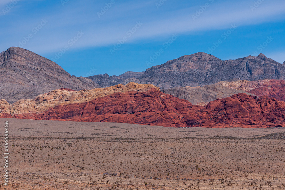 Fototapeta premium Las Vegas, Nevada, USA - February 23, 2010: Red Rock Canyon Conservation Area. Wide landscape with mountains of 3 colors, red, gray, yellow, under blue cloudscape. Dry sandy desert floor up front.