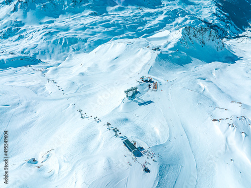 Alpine ski resort St. Anton am Arlberg in winter time. Beautiful view of the Alpine mountains. Aerial view. photo