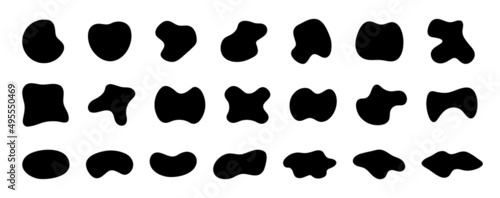 Organic abstract blobs, shapes. Irregular round blobs in random. Vector. Circle pebbles and liquid black oval stains. Fluid silhouettes of splodge