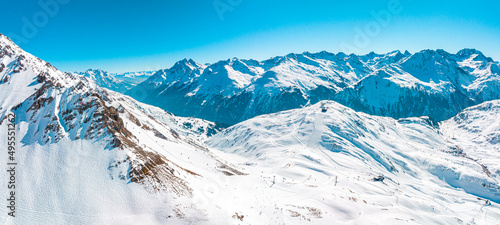 Alpine ski resort St. Anton am Arlberg in winter time. Beautiful view of the Alpine mountains. Aerial view.