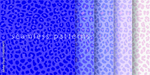 Set of seamless leopard patterns. Violet color scheme. Print for fabric.